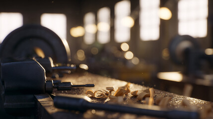 interior of busy woodworking workshop with long wooden workbenches natural light from industrial windows craftsmen working in background tools and materials in warm productive atmosphere