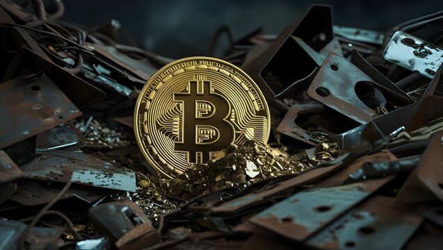 Lost Bitcoin Buried in Scrap Metal &ndash; Gritty Post-Apocalyptic Scene Symbolizing Forgotten Wealth and Digital Decline