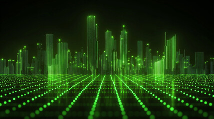 Futuristic city skyline with glowing green lights representing digital technology and urban development against a dark background