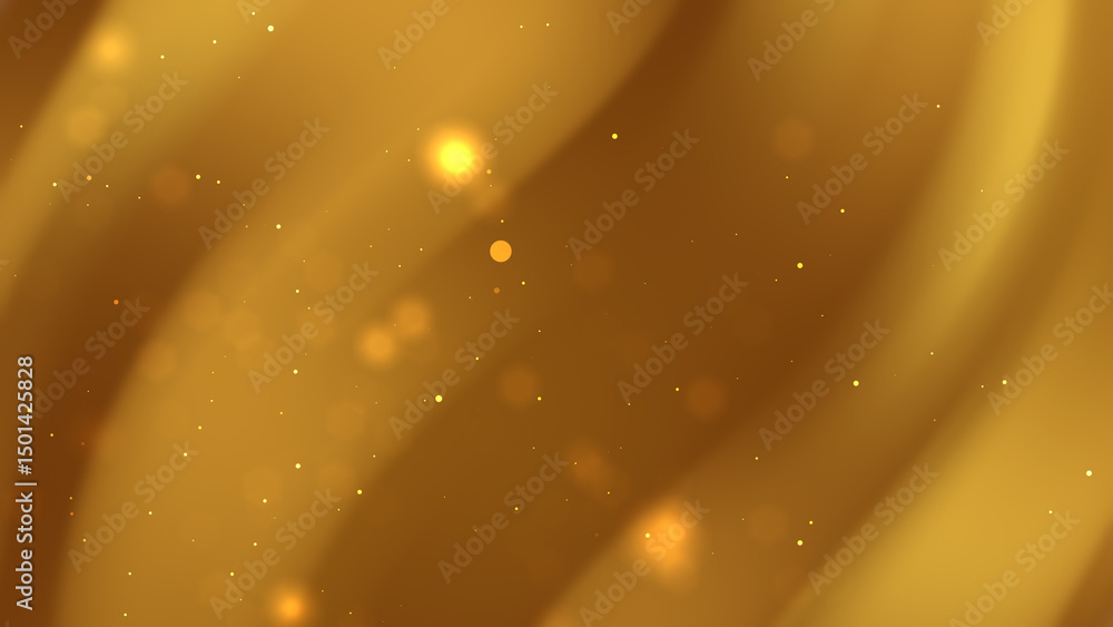 Poster golden abstract background with flowing lines and shimmering particles.