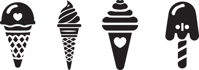 Black and white ice cream vector set featuring various dessert designs in minimalistic outline style perfect for coloring pages menu illustrations or modern graphic projects
