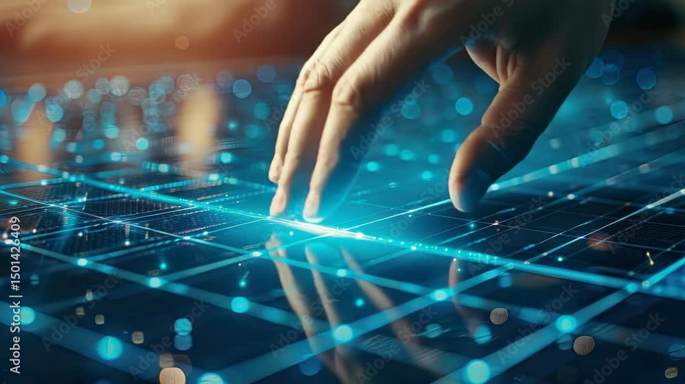 Poster hands engage with a glowing data grid, showcasing an immersive interaction with modern technology an