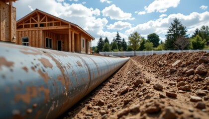Construction project featuring pipe installation residential area photography outdoor ground level infrastructure development