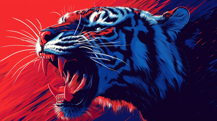 Illustration of a roaring tiger with an open mouth showing its fangs in a vibrant red and blue color scheme