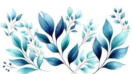 Fototapeta premium Serene Blue Watercolor Botanical Illustration - Elegant watercolor painting of blue leaves and branches, symbolizing serenity, nature, growth, tranquility, and beauty