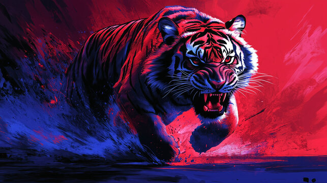 Aggressive tiger digital art, powerful predator running in red and blue lighting, fierce wild cat cinematic painting