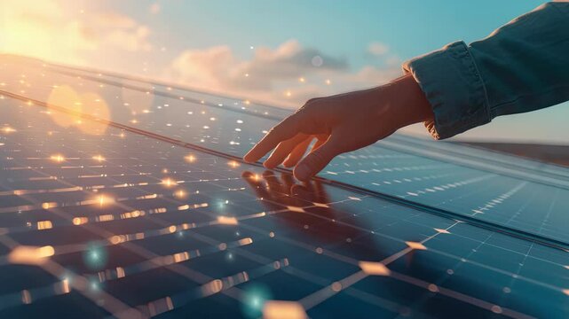 A hand gently touches solar panels as the sun sets, highlighting the potential of renewable energy and technology in sustainability
