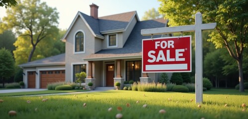 A charming suburban home with a For Sale sign, perfect for real estate marketing, home buyers, and property listings, showcasing the appeal of residential living.