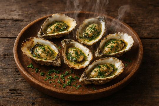 Grilled Oysters with Herb Butter on Wooden Plate Served Hot and Fresh with Steam Rising