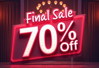 Eye-catching neon sign promoting a final sale with 70% off. Perfect for retail marketing, online promotions, or advertising campaigns to attract customers.