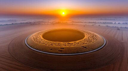 Naklejka premium Sunrise Aerial of Ancient Maze in Rural Field