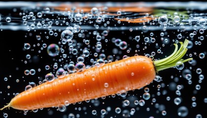 Bubbling carrot immersion underwater food photography studio close-up culinary concept