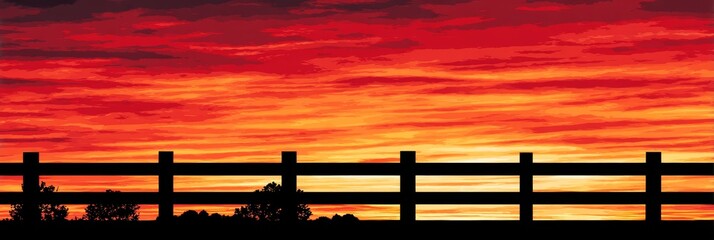 Sunset Silhouette Fence - A rustic wooden fence silhouetted against a vibrant sunset, symbolizing peace, tranquility, boundary, transition, and the end of day