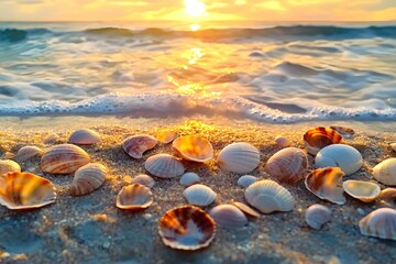 Close-Up of Sandy Beach with Seashells at Sunset Glow