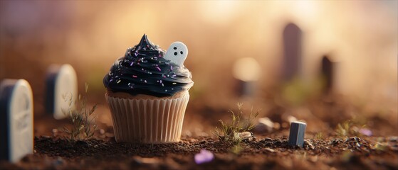 Halloween-themed cupcake topped with ghost graveyard setting food photography spooky atmosphere