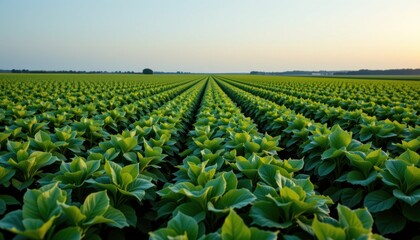 Fototapeta premium Harvesting green soybean fields rural landscape photo early evening aerial view agriculture and nature harmony
