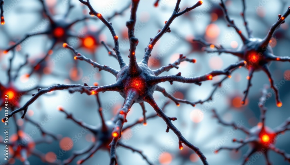 Poster exploring neuron structures and functions in a lab environment scientific research close-up view cel