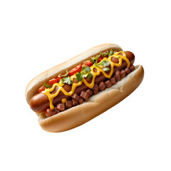 Delicious Chili Cheese Hot Dog with Mustard, Cilantro, and Toppings on a Soft Bun – Isolated on Black Background.