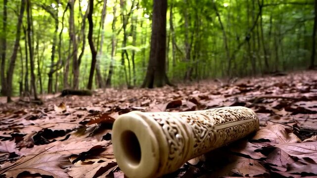 Ornate carved scroll resting on fallen leaves in a green forest with sunlight filtering through tree branches, creating a fantasy scene