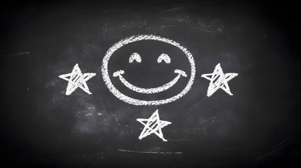 Cheerful smiley face with stars drawn in chalk on black background