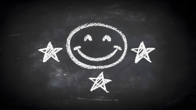 Cheerful smiley face with stars drawn in chalk on black background