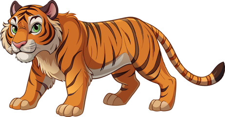 20.05.25 tgr 2.epsThe appeal of this illustration. A majestic cartoon tiger stands tall in this image, featuring a striking combination of orange and black, complemented by a pair of eye-catching gree