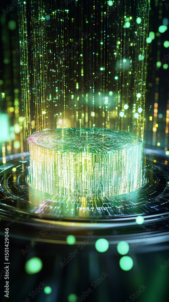 Poster glowing cylinder on platform with falling light streams in a futuristic technology visualization