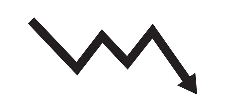 Red arrow going down stock icon on white background. Symbol of down arrow graph icon. financial market crash icon. Red Down Arrow Stock Market Crash Decline Fall icon vector. 