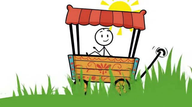 Cartoon stick figure in decorated wooden wagon