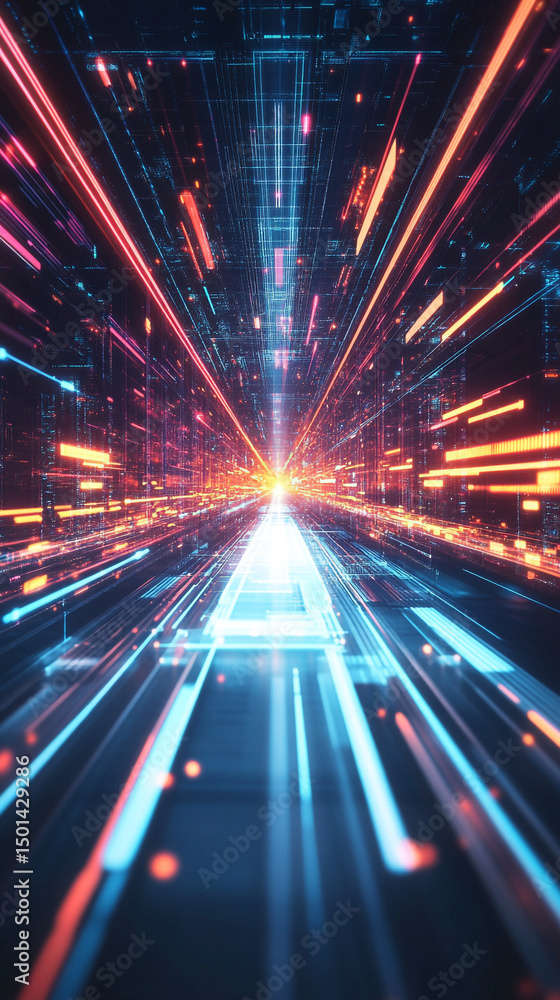 Poster abstract futuristic corridor with glowing lines and light at the end of the tunnel design concept
