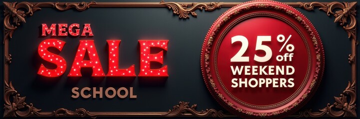Eye-catching promotional banner featuring a mega sale for a school, offering 25% off for weekend shoppers. Perfect for marketing campaigns and educational promotions.