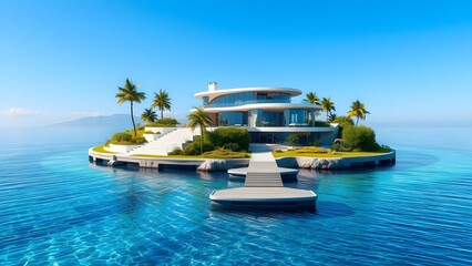 Obraz premium Futuristic Luxurious island Home Clear Lake Water Reflecting The Sky Trees The Ocean 