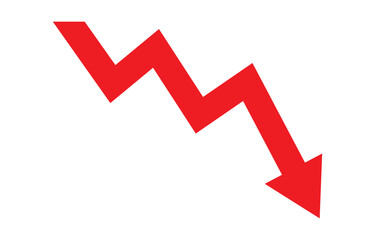 Red arrow going down stock icon on white background. Symbol of down arrow graph icon. financial market crash icon. Red Down Arrow Stock Market Crash Decline Fall icon vector. 
