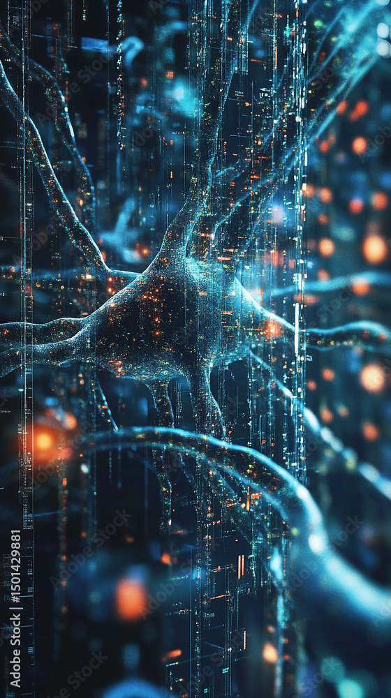 Poster abstract digital representation of neural networks with glowing lights and connections