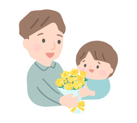 子供からバラの花束を受け取る父親