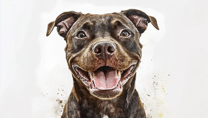 Happy dark brown pitbull in watercolor