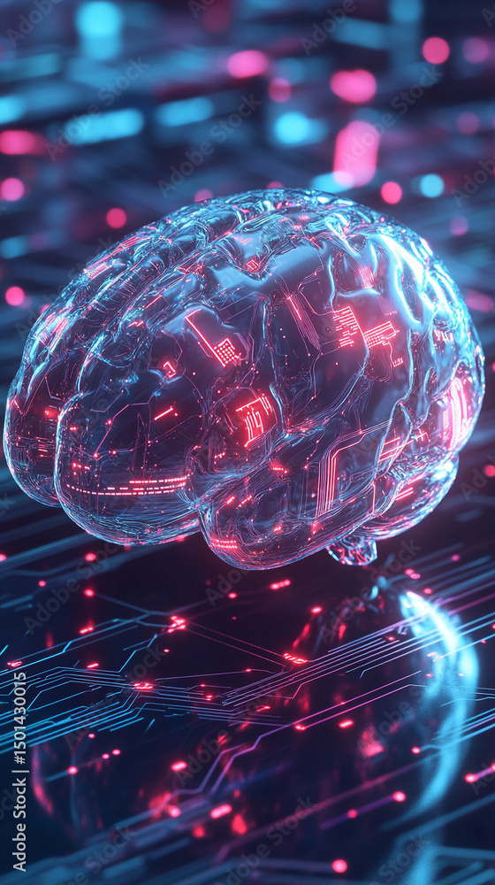 Aufkleber illuminated digital brain with glowing circuit patterns on a reflective surface in blue and red