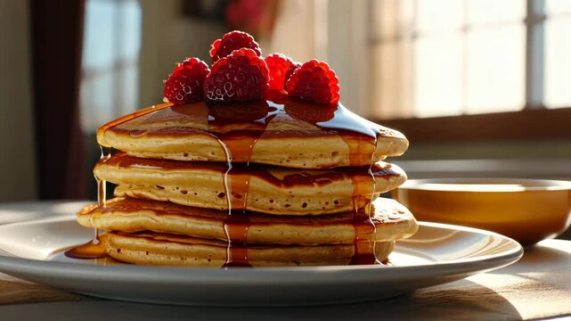 Fluffy golden pancakes served on a plate with sweet berry compote and maple syrup, ready to enjoy at breakfast or brunch.