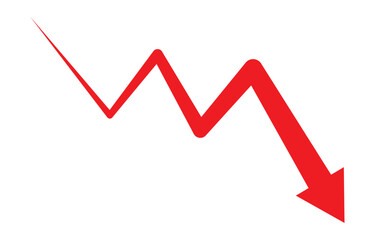 Obraz premium Red arrow going down stock icon on white background. Symbol of down arrow graph icon. financial market crash icon. Red Down Arrow Stock Market Crash Decline Fall icon vector. 