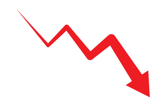 Red arrow going down stock icon on white background. Symbol of down arrow graph icon. financial market crash icon. Red Down Arrow Stock Market Crash Decline Fall icon vector. 