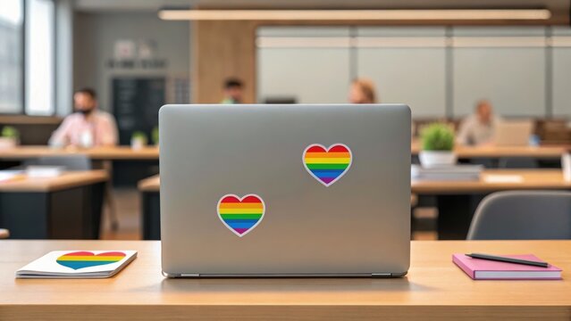 LGBTQ+ Inclusion in the Workplace: Building a Pride-Friendly Culture Concept, Laptop with colorful heart stickers in a modern classroom setting, showcasing a vibrant and inclusive atmosphere.