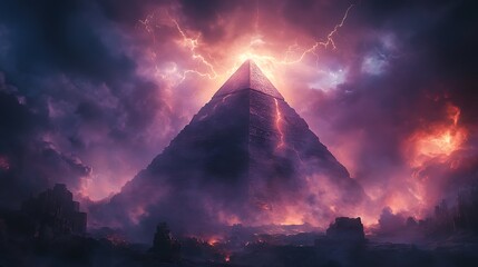 Pyramid Erupting with Lightning and Flames High Resolution Picture