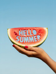 Hello Summer greeting text artfully cut out from a juicy watermelon.  A woman's hand gently holds  a slice of watermelon. Blue sky background. 