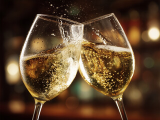 Two white wine glasses collide in a celebratory toast. 