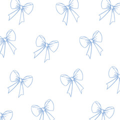 Seamless pattern of satin bows. Repeating pattern of blue silk ribbons. Decor for birthdays, weddings, Valentine's Day. Vintage elegance decoration on white background.
