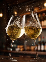 Two white wine glasses collide in a celebratory toast. 