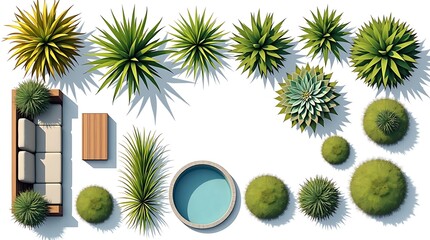 Top view modern garden design with plants and seating