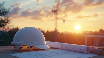 Sunset view of hard hat and blueprints on table