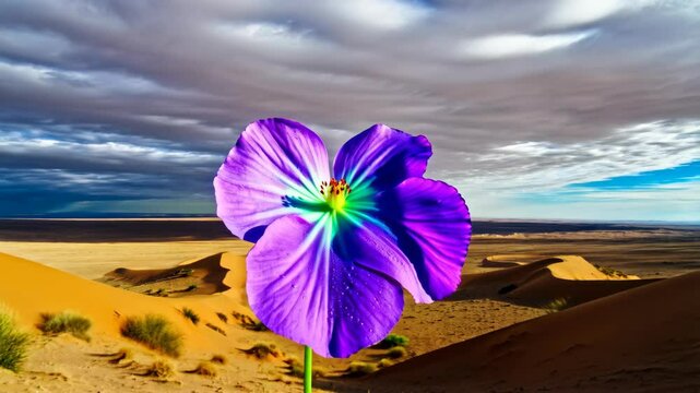 Single colorful flower blooming in a vast desert landscape under a dramatic, textured sky