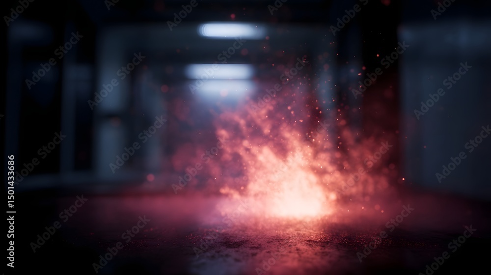 Poster glowing particle collider simulation in a dark physics lab